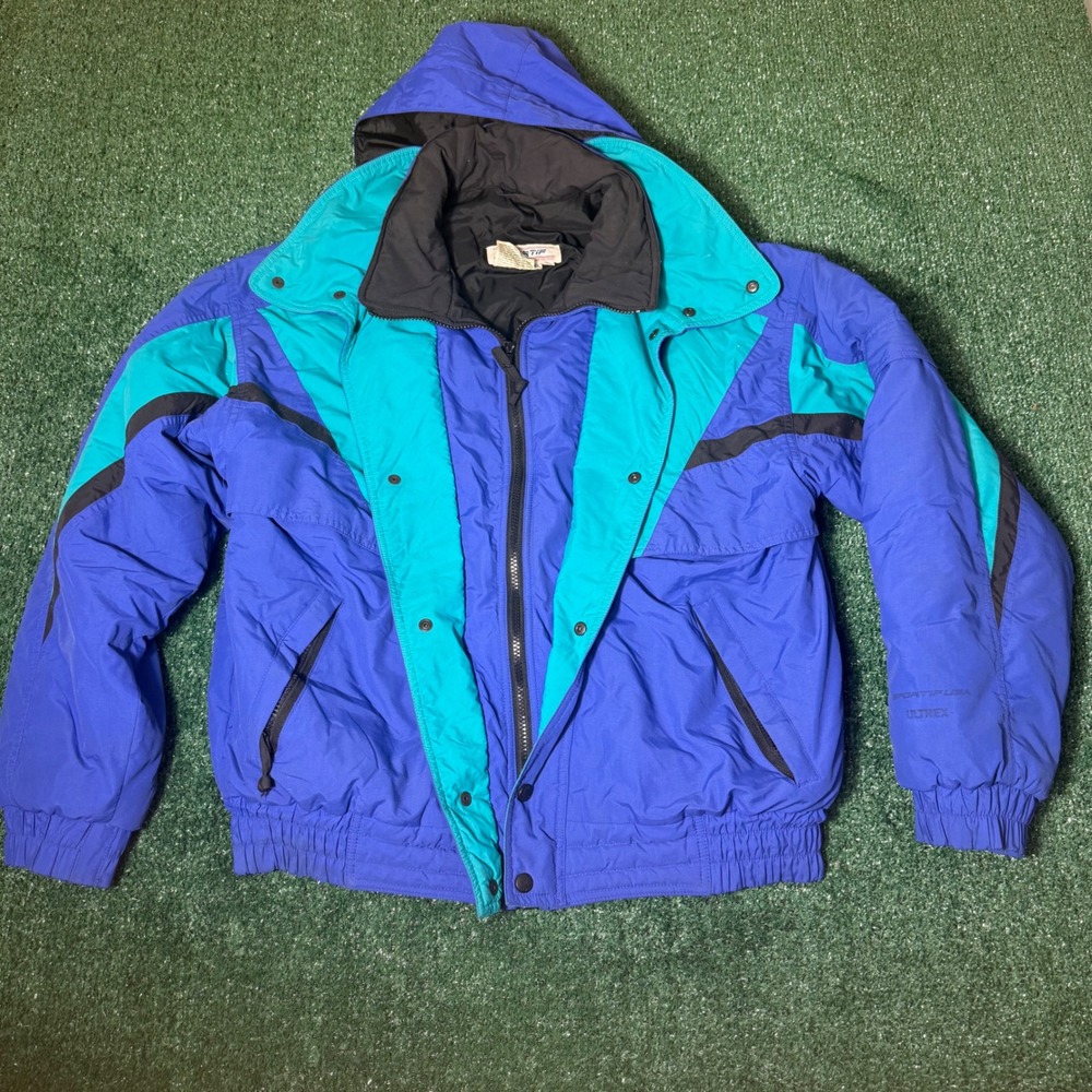 Vintage Sportif USA Ultrex Ski Jacket Blue Teal Colorblock Hooded Mens Medium